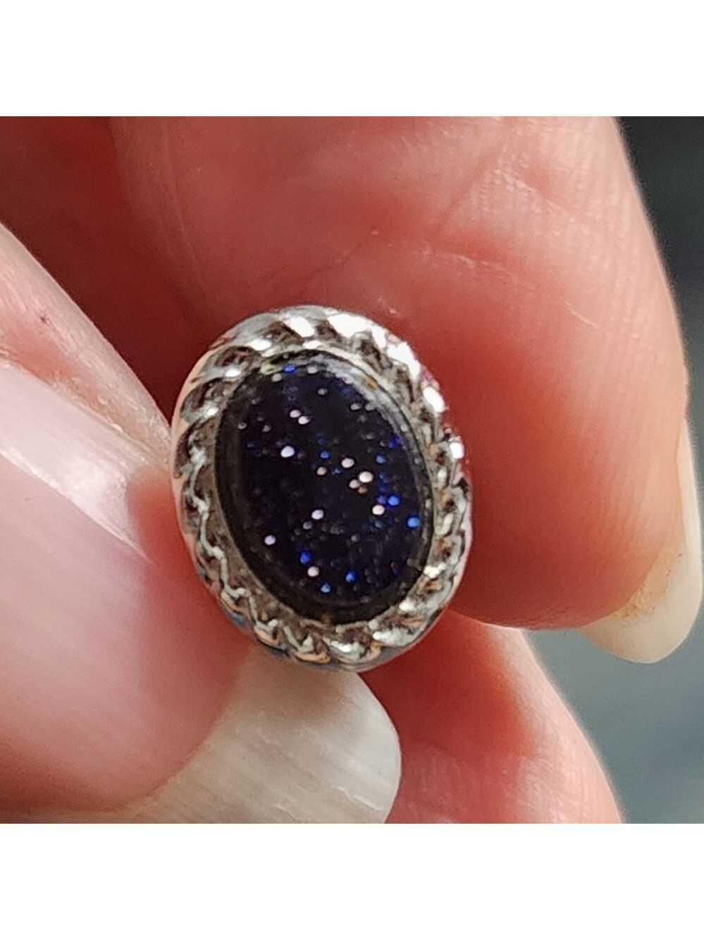 Vintage Silvertone Blue Goldstone Tie Tac with Chain